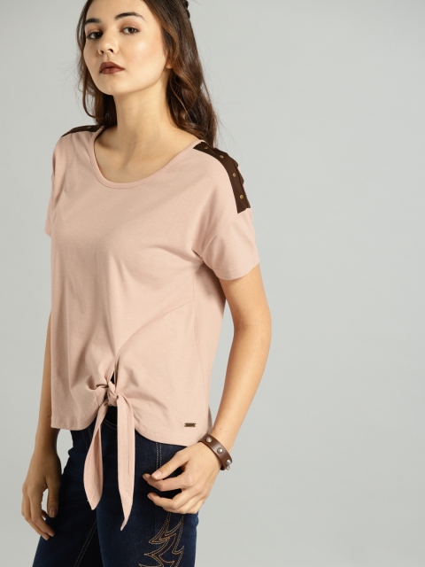 

Roadster Women Peach-Coloured Solid Tie-Up Top