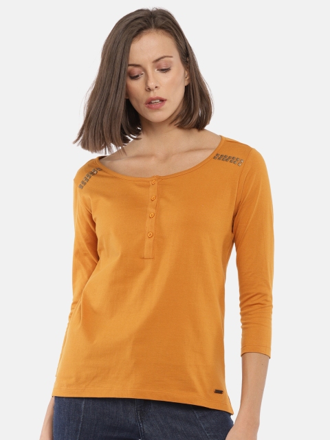 

Roadster Women Mustard Solid Henley Neck T-shirt