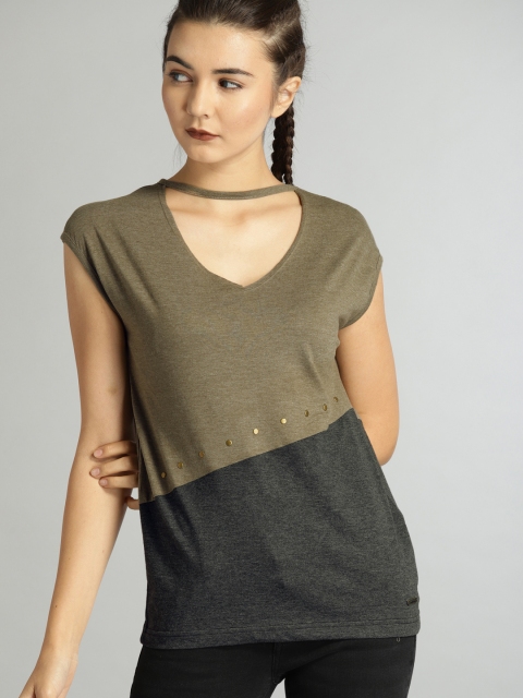 

Roadster Women Olive Green Colourblocked Top