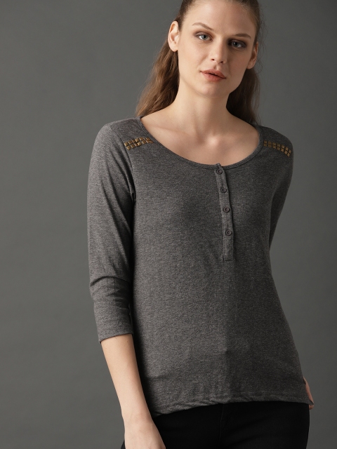 

Roadster Women Charcoal Grey Solid Henley Neck Pure Cotton T-shirt