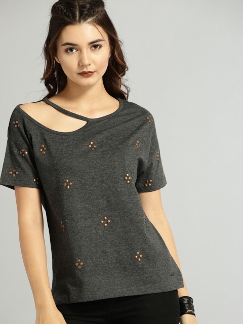 

Roadster Women Charcoal Grey Solid Embellished Top