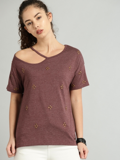 

Roadster Women Burgundy Solid Embellished Top