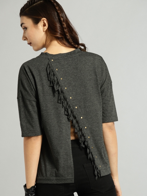 

Roadster Women Grey Melange Solid Top With Back Fringe