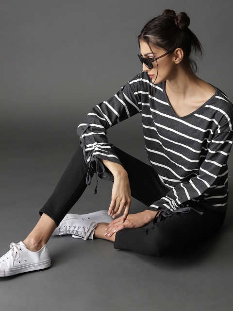 

Roadster Women Charcoal Striped Top