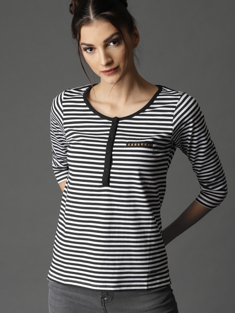 

Roadster Women White & Black Striped Round Neck T-shirt