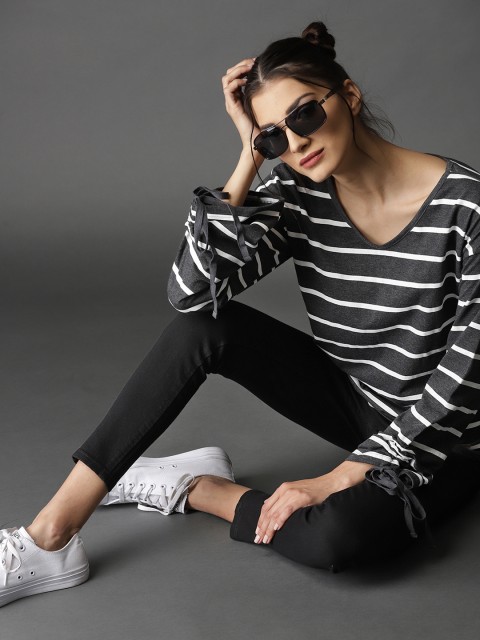 

Roadster Women Charcoal Grey & White Striped Top