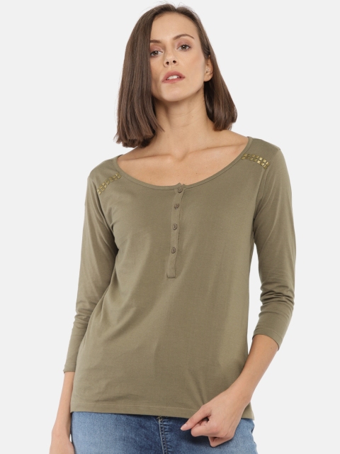 

Roadster Women Olive Green Solid Henley Neck Pure Cotton T-shirt