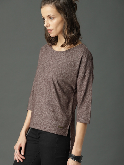 

Roadster Women Burgundy Solid Round Neck High-Low T-shirt
