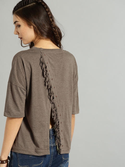 

Roadster Women Grey Solid Top With Back Fringe