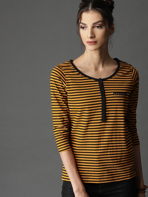

Roadster Women Mustard Yellow Striped 3/4 Sleeve T-shirt