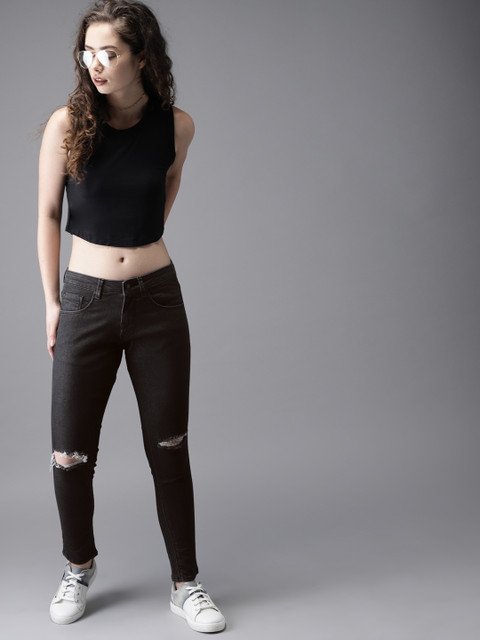 

Moda Rapido Women Black Skinny Fit Mid-Rise Slash Knee Stretchable Cropped Jeans
