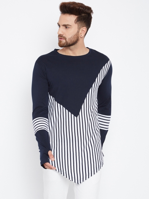 

Hypernation Men Navy Blue Striped Round Neck T-shirt, White