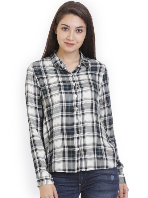 

Amari West Women Off-White & Navy Regular Fit Checked Casual Shirt