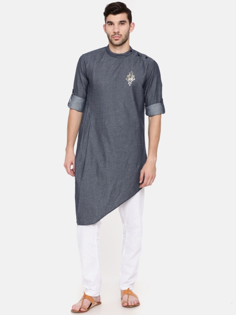 

Freehand Men Navy Blue Woven Design Straight Asymmetric Kurta