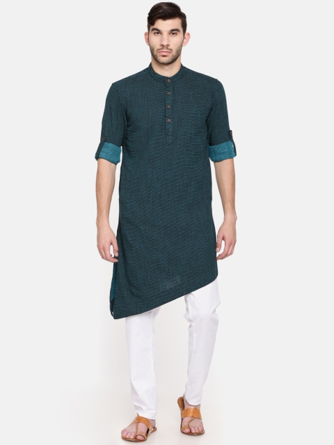 

Freehand Men Teal Green Woven Design Straight Asymmetic Kurta
