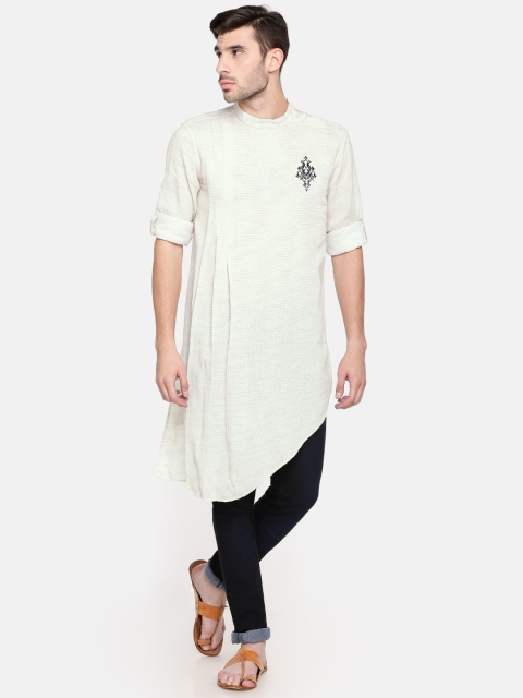 

Freehand Men Beige & White Woven Design A-Line Kurta