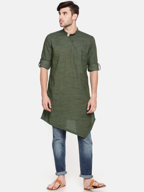 

Freehand Men Green Solid Straight Asymmetric Kurta