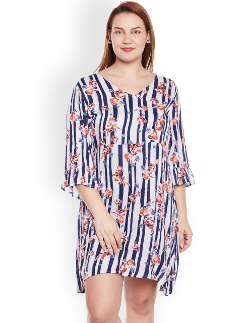 

JUNAROSE Plus Size Women White Navy Printed A-Line Dress
