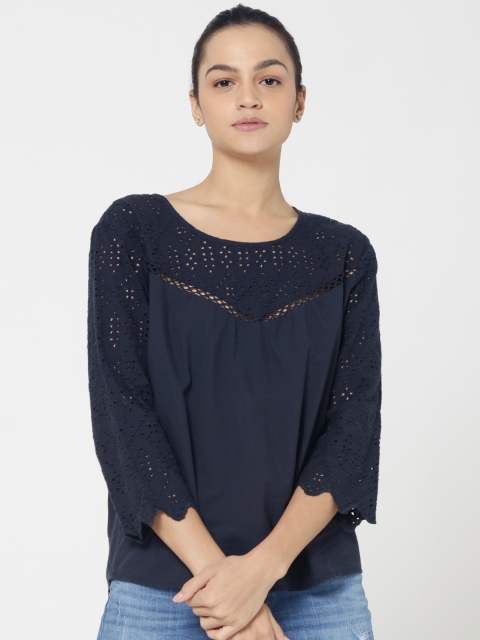 

ONLY Women Navy Blue Self-Design Top