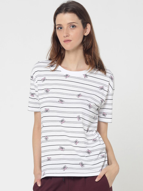 

ONLY Women White & Black Striped Round Neck T-shirt
