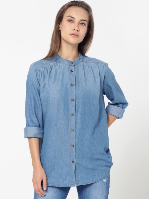 

ONLY Blue Solid Chambray Shirt