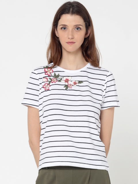 

ONLY Women White & Navy Blue Striped Round Neck T-shirt