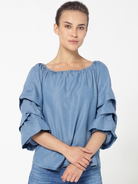 

ONLY Women Blue Solid Bardot Chambray Top