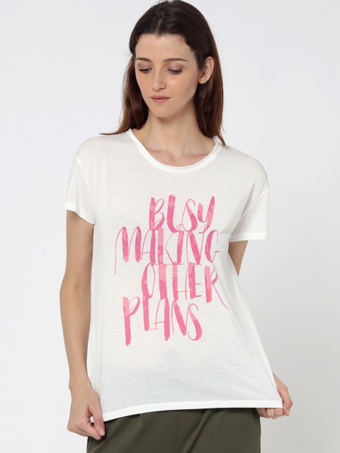 

ONLY Women White & Pink Printed Round Neck T-shirt