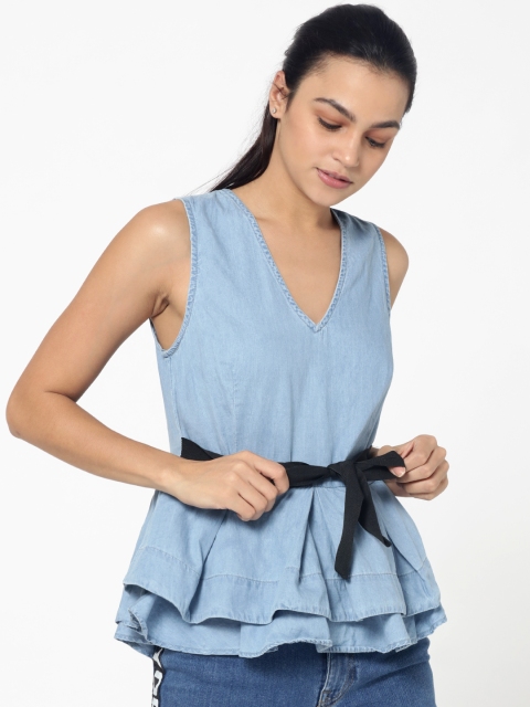 

ONLY Women Blue Solid Chambray Top