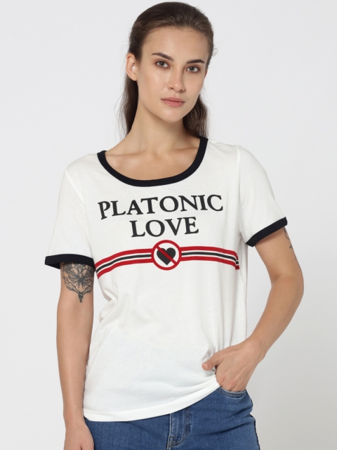 

ONLY Women White Printed Round Neck T-shirt