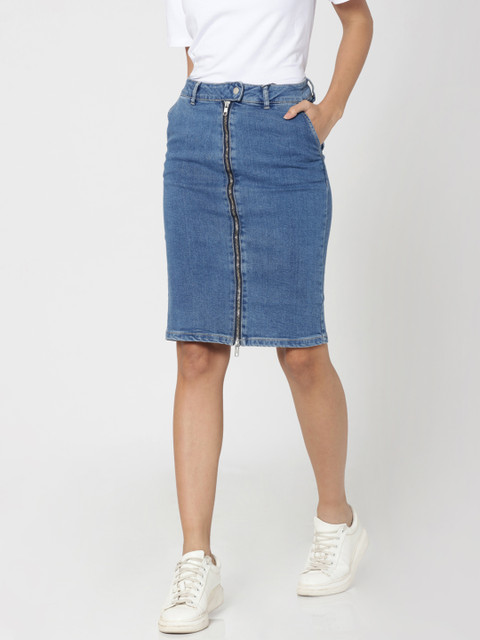 

ONLY Women Blue Solid Pencil Denim Skirt