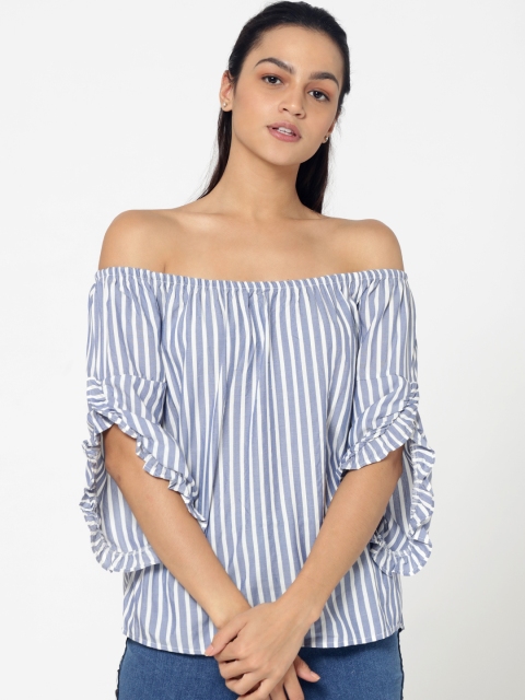 

ONLY Women Blue & White Striped Bardot Top