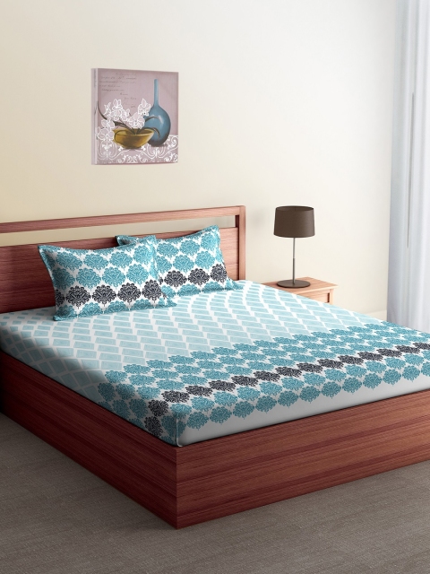 

SPACES Blue Ethnic Motifs Flat 210 TC Cotton 1 King Bedsheet with 2 Pillow Covers