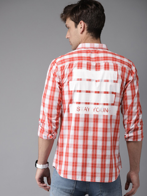 

HERE&NOW Men Orange & White Regular Fit Checked Casual Shirt