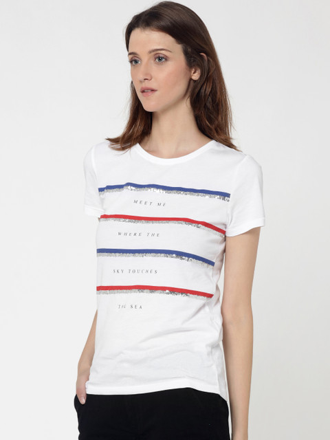

ONLY Women White Printed Round Neck T-shirt