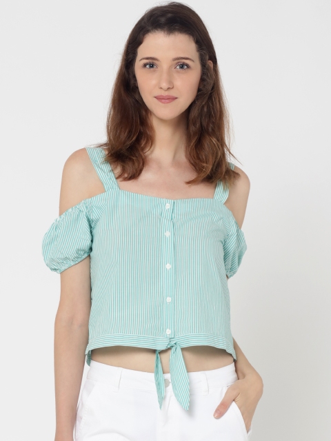 

ONLY Women Green & White Striped Pure Cotton Top