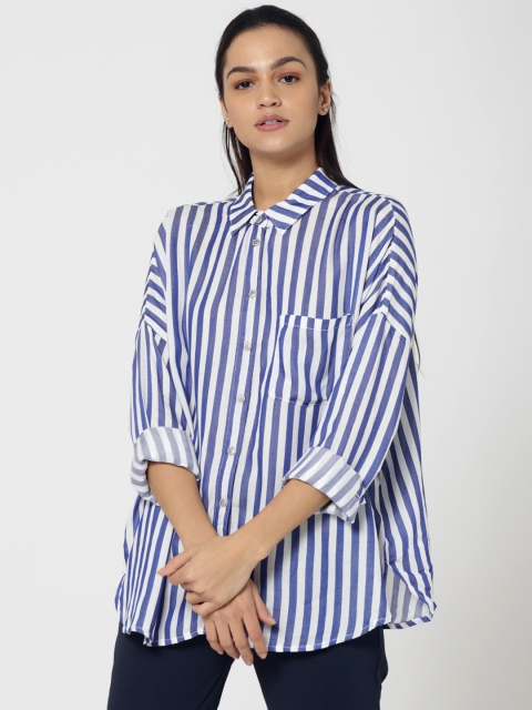 

ONLY Women Blue & White Boxy Striped Casual Shirt