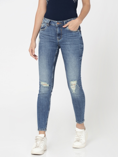

ONLY Women Blue CARMEN Skinny Fit Mid-Rise Mildly Distressed Stretchable Jeans