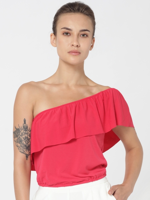 

ONLY Women Pink Solid One-Shoulder Top