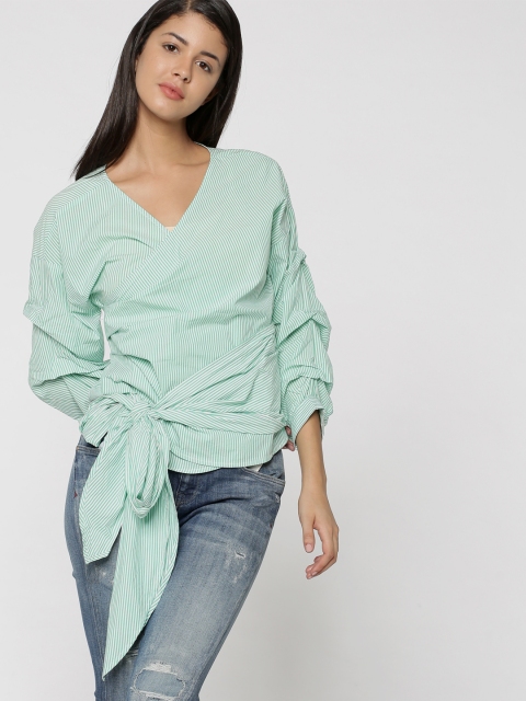 

ONLY Women White & Sea Green Striped Wrap Top