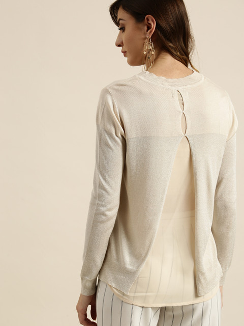 

Moda Rapido Women Cream-Coloured Solid Styled Back Top With Shimmer Effect