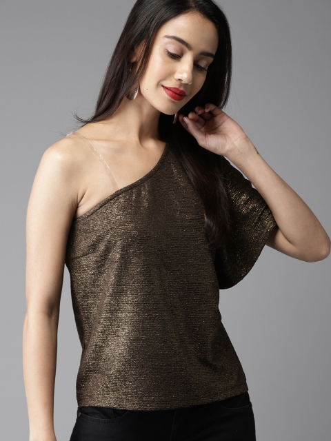 

Moda Rapido Women Black & Gold-Toned Solid One-Shoulder Sheen Top