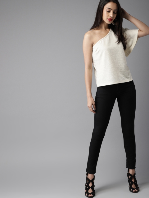 

Moda Rapido Women Cream-Coloured Solid One-Shoulder Top