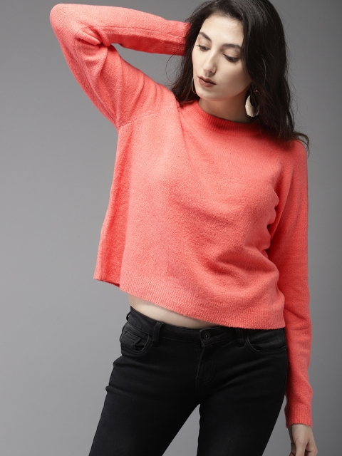 

HERE&NOW Women Coral Pink Solid Pullover Sweater