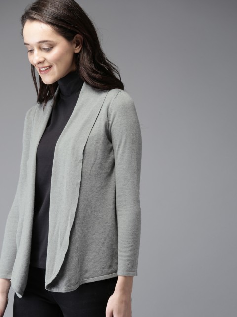 

HERE&NOW Women Grey Melange Solid Front-Open Sweater