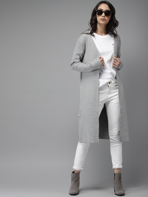 

Moda Rapido Women Grey Ribbed Longline Front-Open Sweater
