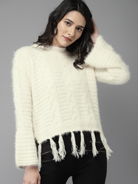 

Moda Rapido Women Cream-Coloured Self Design Pullover