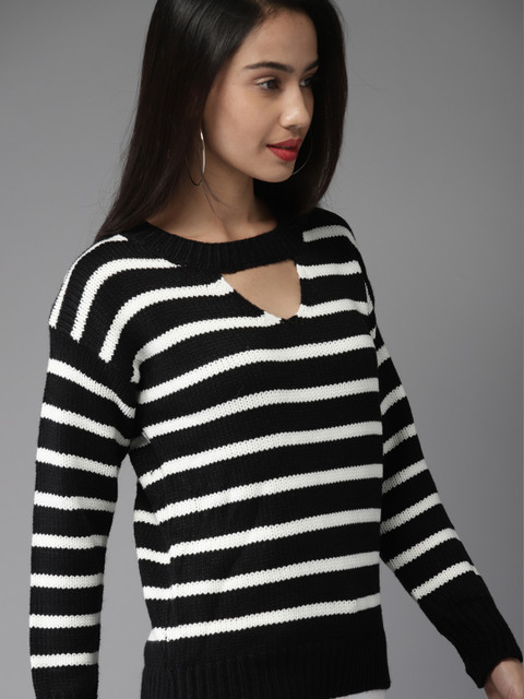 

Moda Rapido Women Black & White Striped Pullover Sweater