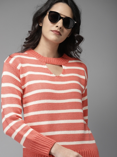 

Moda Rapido Women Peach-Coloured & Off-White Striped Pullover