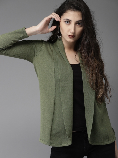

HERE&NOW Women Olive Green Solid Front-Open Sweater